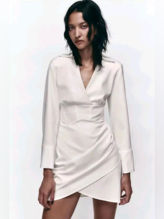 Zara Dresses & Skirts - ZARA Oyster White Ruched Corset Long Sleeve Dress